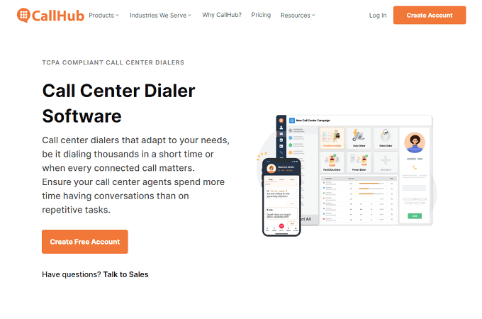 CallHub call center dialer software landing page