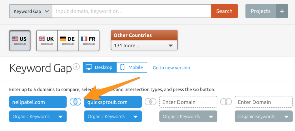 SEM rush “Unique to the first domain’s keywords” option