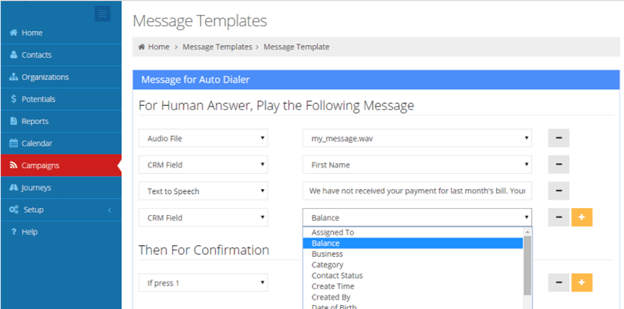 Voicent message template setup screen for the auto dialer feature.