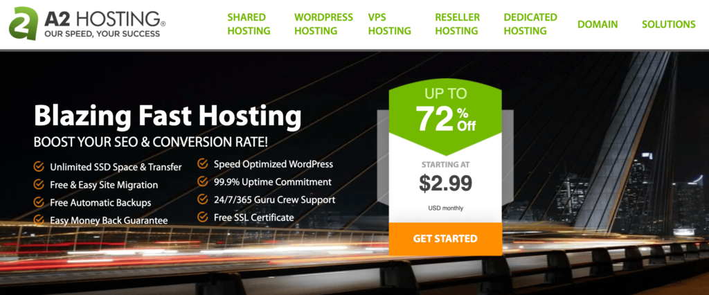 A2 Hosting home and offer page.