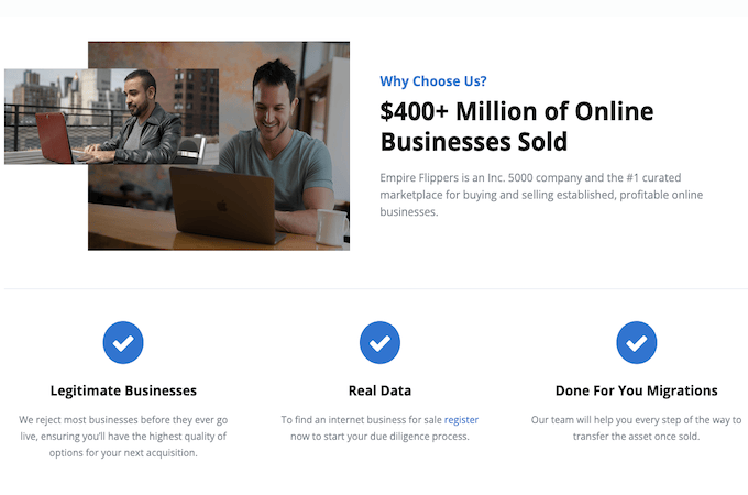 Screenshot from Empire Flippers website with why choose us question followed by descriptors and answers for customers to review.