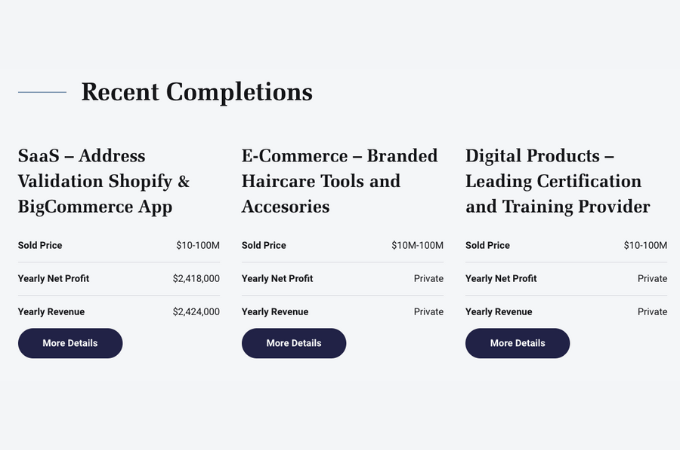 Screenshot from FE International's website showing recent completion of website sales.