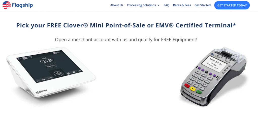 Flagship page to pick your free POS system or EMV terminal when you open a merchant account with Flagship.