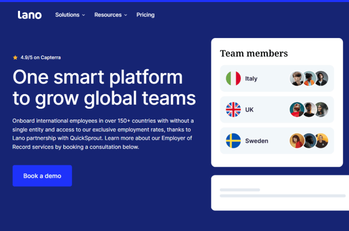 Lano landing page for international payroll and employment services.