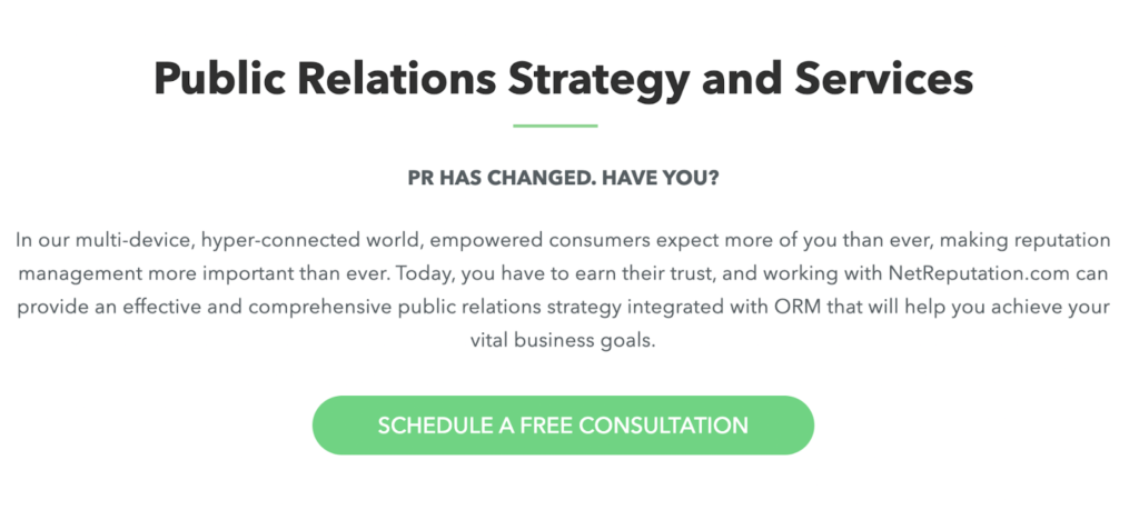 NetReputation "Public Relations Strategy and Services" page with image of green button to schedule a free consultation