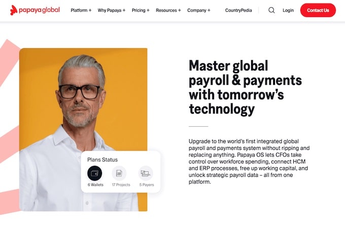 PapayaGlobal homepage featuring global payments with a man in a white shirt wearing glasses.