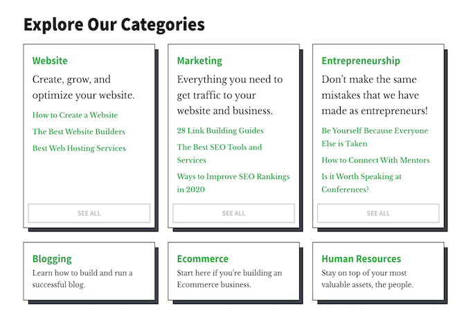 Screenshot of blog categories for Quicksprout. 