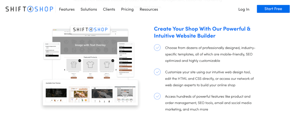 Shift4Shop website page that says, "Create your shop with our powerful & intuitive website builder"