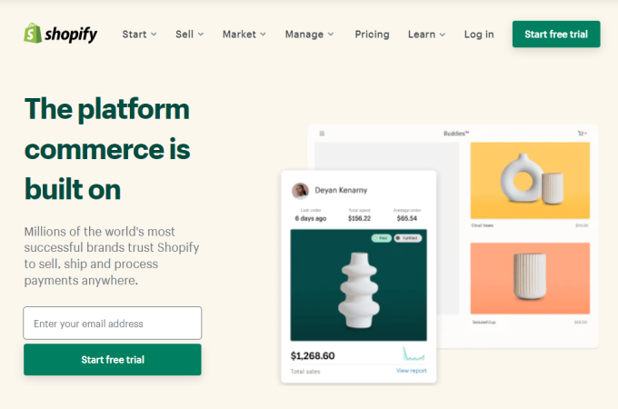 Shopify landing page for its ecommerce website builder