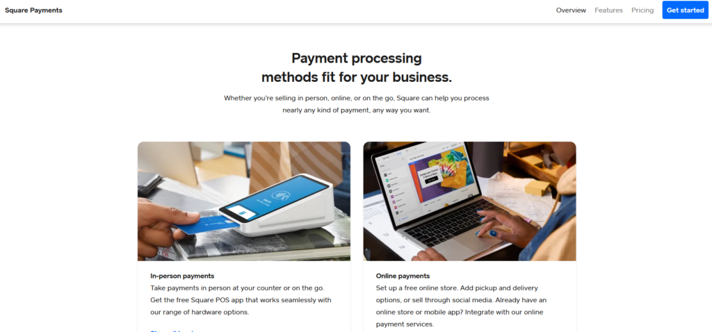 Square payment method for ecommerce site get started homepage.
