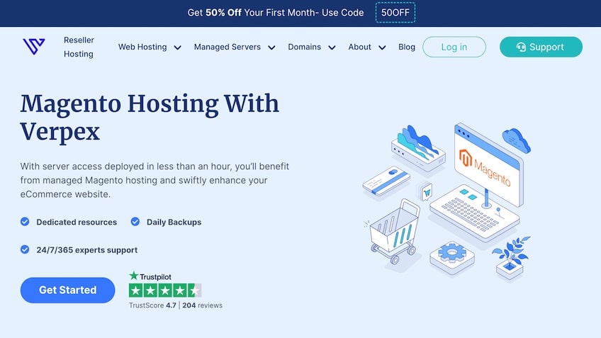 Verpex managed hosting with Magento get started landing page.