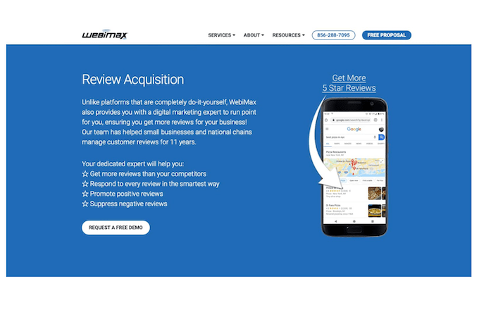 A screenshot of a mobile phone with google review screen from WebiMax website and text about review acquisition to the left