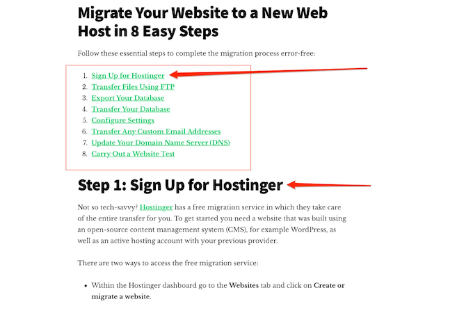 Blog post with arrows to the headings that are simple and easy to follow. 