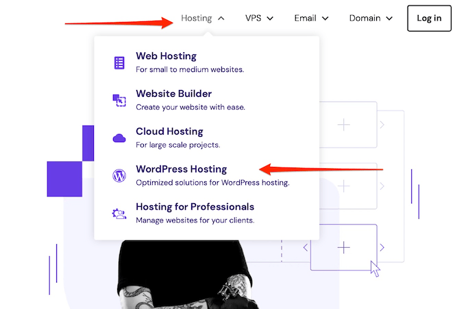 Menu with arrow demonstrating Hostinger offers optimized solutions for WordPress. 