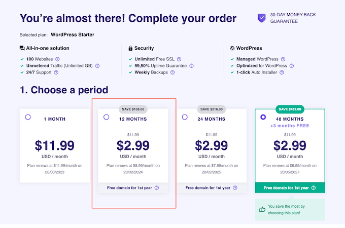 Four plans for hosting with various time periods for renewal.