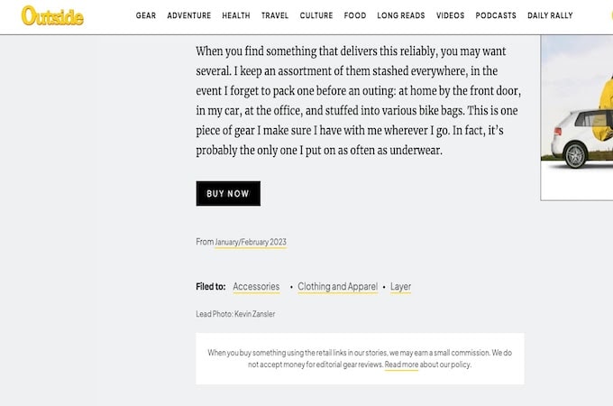 Example of affiliate disclosure in Outside Magazine digital article.
