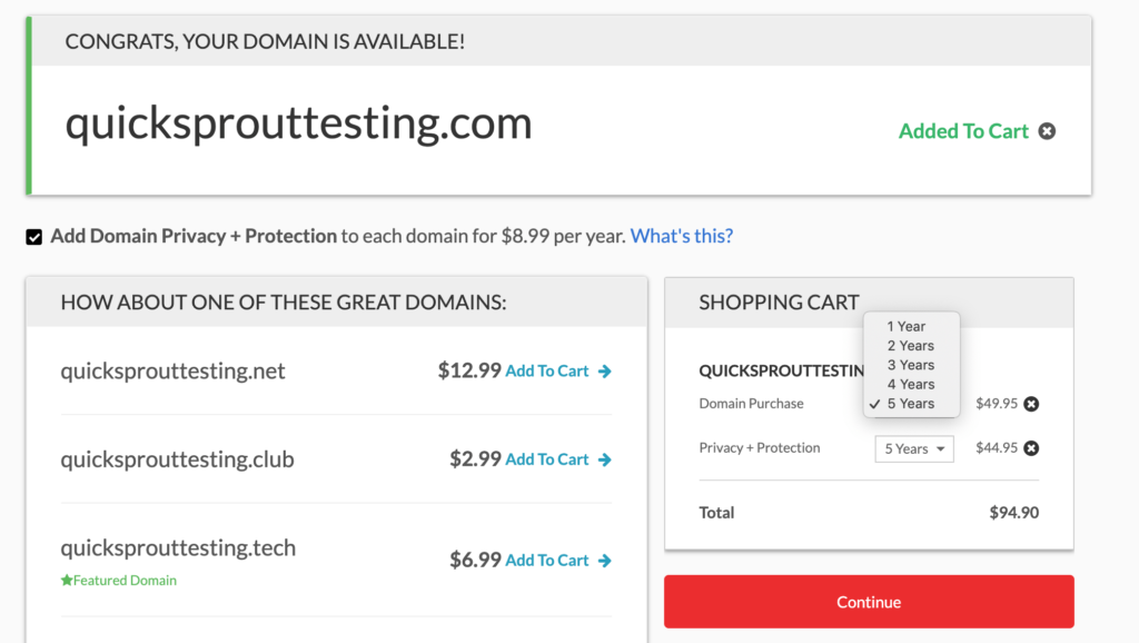 Domain.com pricing and domain availability page.