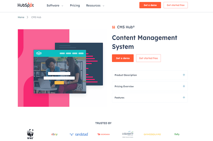 HubSpot CMS landing page with an orange button for a demo option.