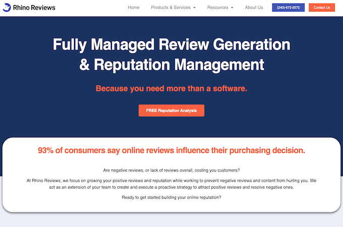 Screenshot of Rhino Review's Online Reputation Management website page
