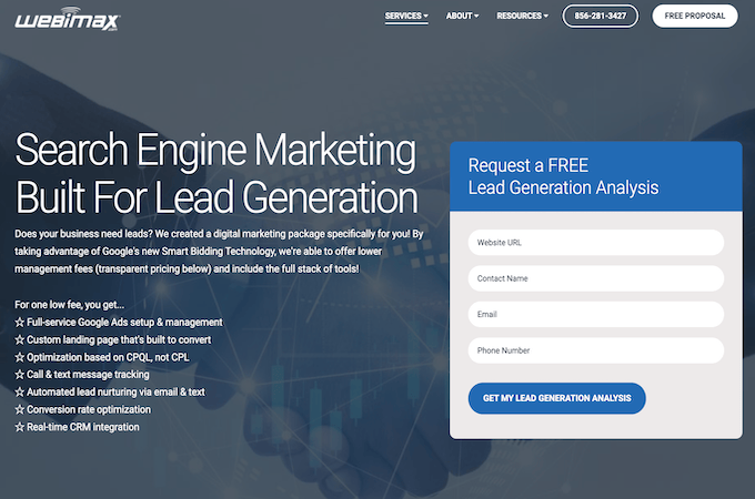 WebiMax lead generation landing page with bullet list of benefits and free analysis form