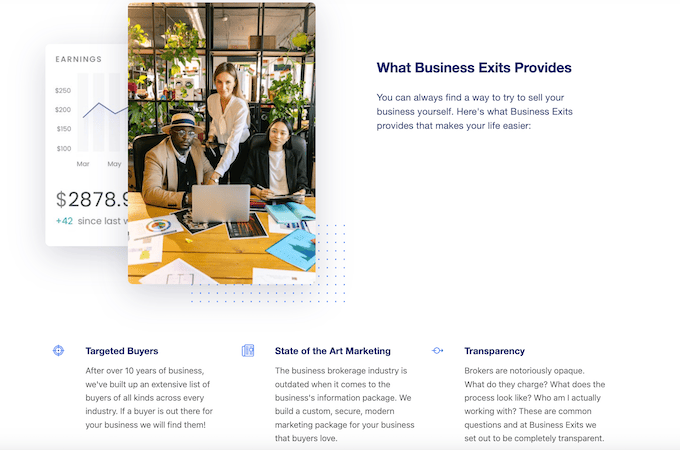 Screenshot of Business Exits landing page with information on the services they provide and a picture of three people meeting with a laptop. 