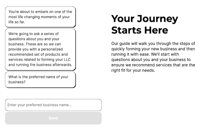 Screenshot of ZenBusiness LLC page with a bot that tells you it will ask you a series of questions about your business