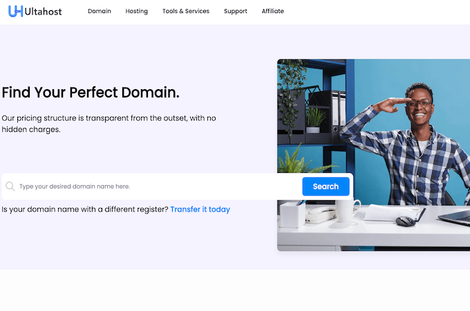 Search bar with information on how to find your perfect domain with UltaHost.