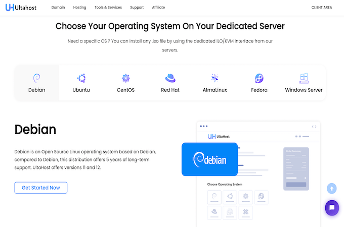 UltaHost operating system landing page highlighting Debian with a get started now button. 