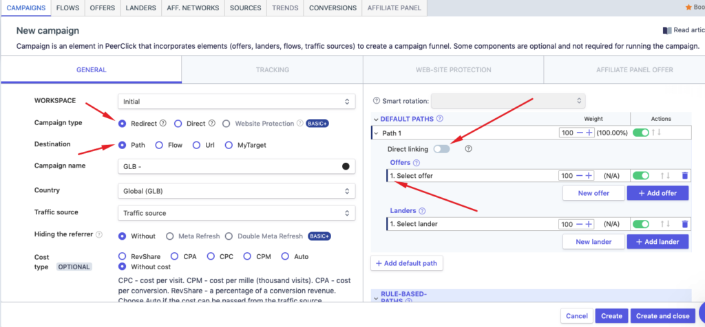 Choose 'Campaign type' and 'Destination' at PeerClick