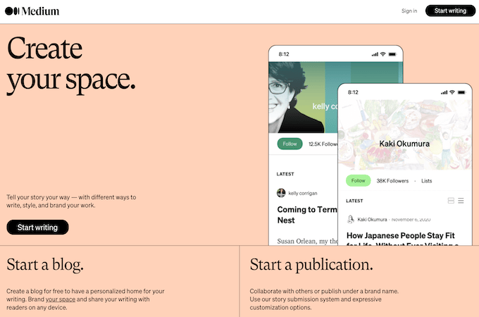 Medium start a blog or publication landing page.
