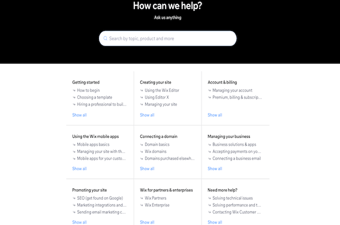 Image from Wix support website page with knowledge base subjects.