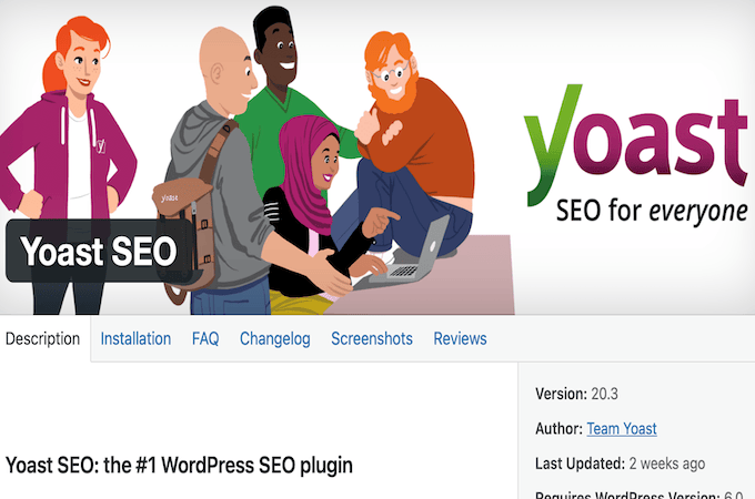 Image of Yoast SEO plugin, with cartoon people at top and menu below the image.