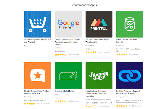 Ecwid's recommended apps interface, showing a selection of third-party applications and integrations. 