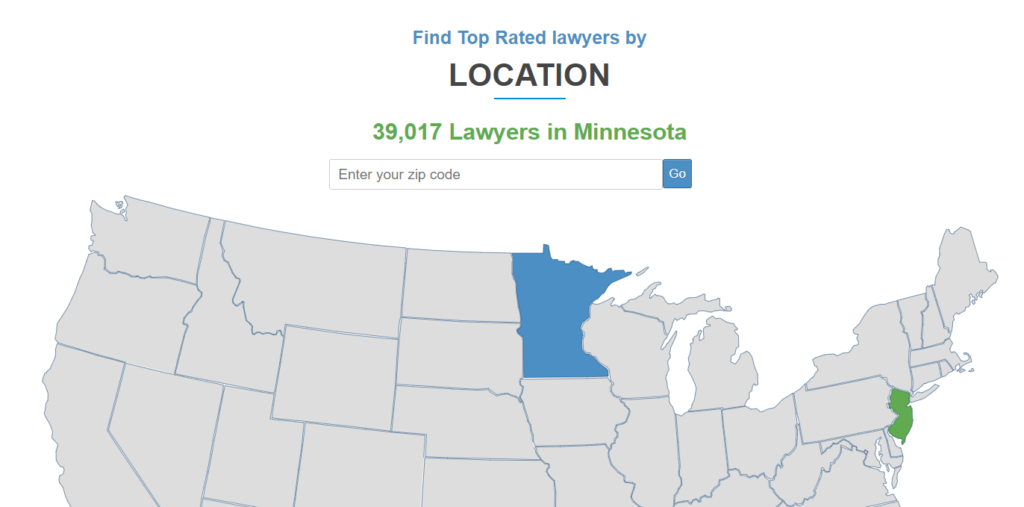 Lawyer.com map to locate lawyers in each state.