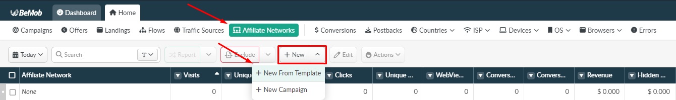 How to add an affiliate network at BeMob tracker